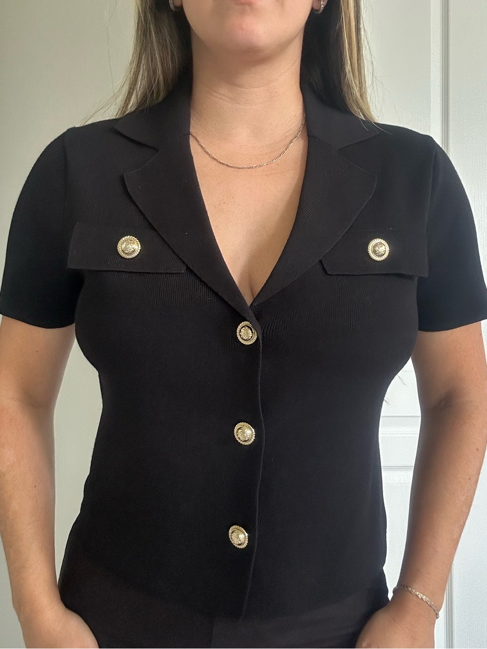 Black Short-Sleeve Button-Down Knit Top with Gold Buttons